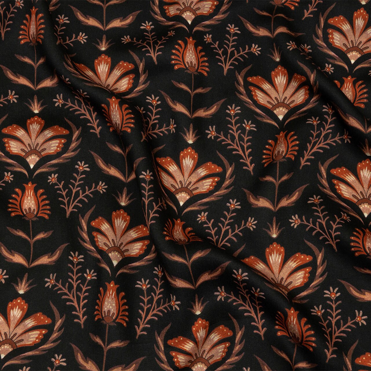 1 Yard Rayon Challis Black and Orange Floral Watching the Fire Print Fabric 55 Inches Width